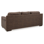 Canapé Danie, accoudoirs évasés avec coussins, similicuir marron capitonné, 96 pouces