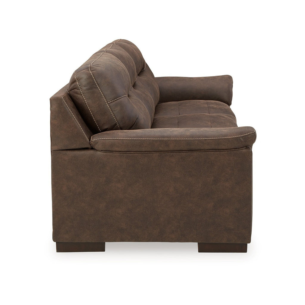 Canapé Danie, accoudoirs évasés avec coussins, similicuir marron capitonné, 96 pouces