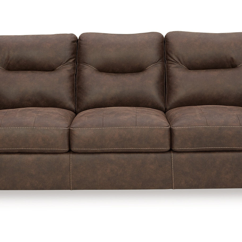 Canapé Danie, accoudoirs évasés avec coussins, similicuir marron capitonné, 96 pouces