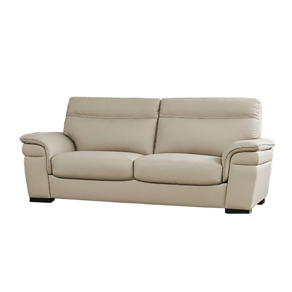 Canapé Danny, cuir italien gris clair, coussins en mousse, pieds en bois, 215 cm