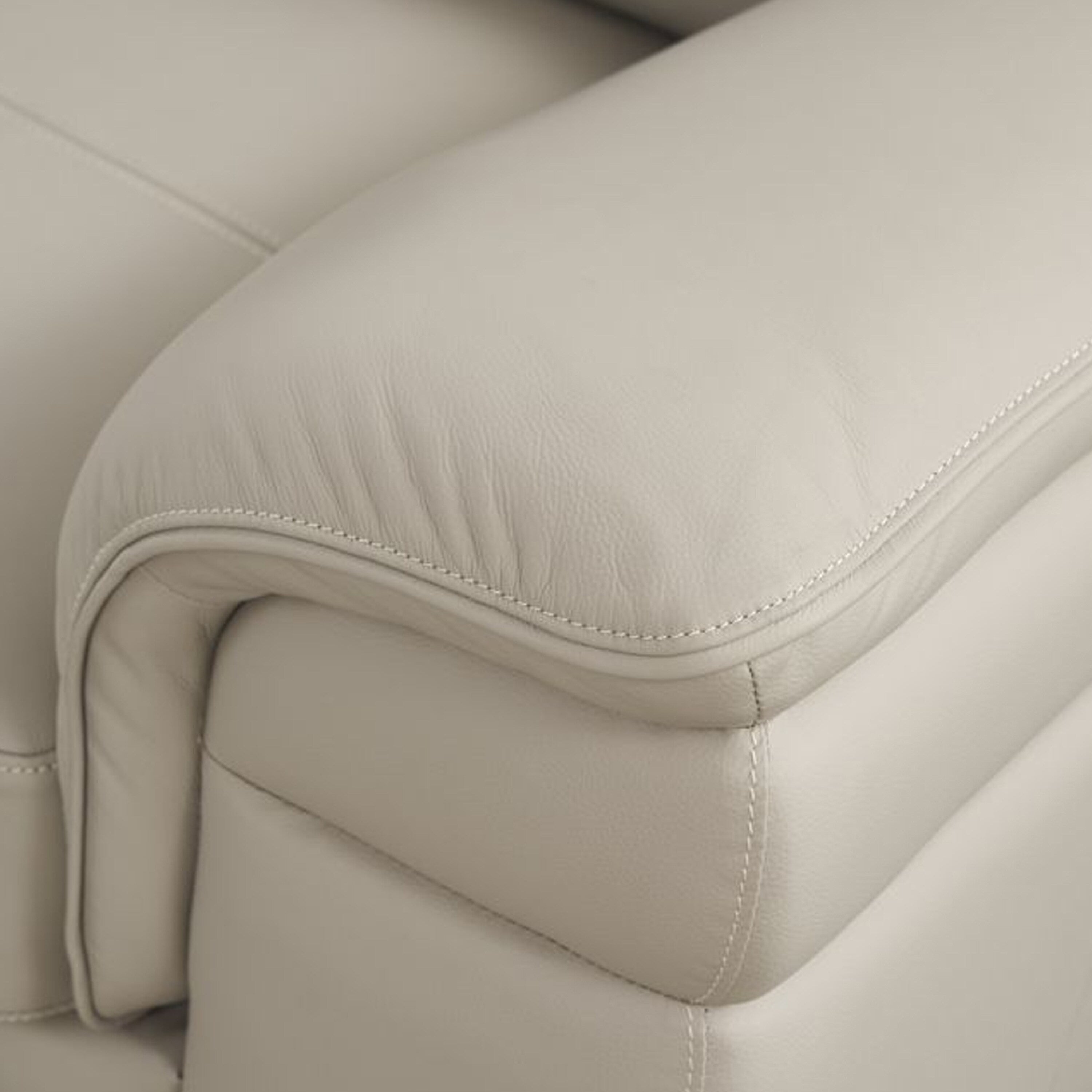 Canapé Danny, cuir italien gris clair, coussins en mousse, pieds en bois, 215 cm