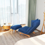 Fauteuil inclinable manuel sans accoudoirs rembourré bleu foncé avec pouf, appui-tête et dossier réglables, position à plat à 180°