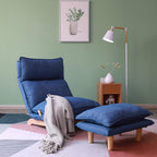 Fauteuil inclinable manuel sans accoudoirs rembourré bleu foncé avec pouf, appui-tête et dossier réglables, position à plat à 180°