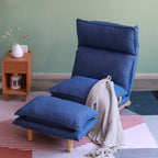 Fauteuil inclinable manuel sans accoudoirs rembourré bleu foncé avec pouf, appui-tête et dossier réglables, position à plat à 180°