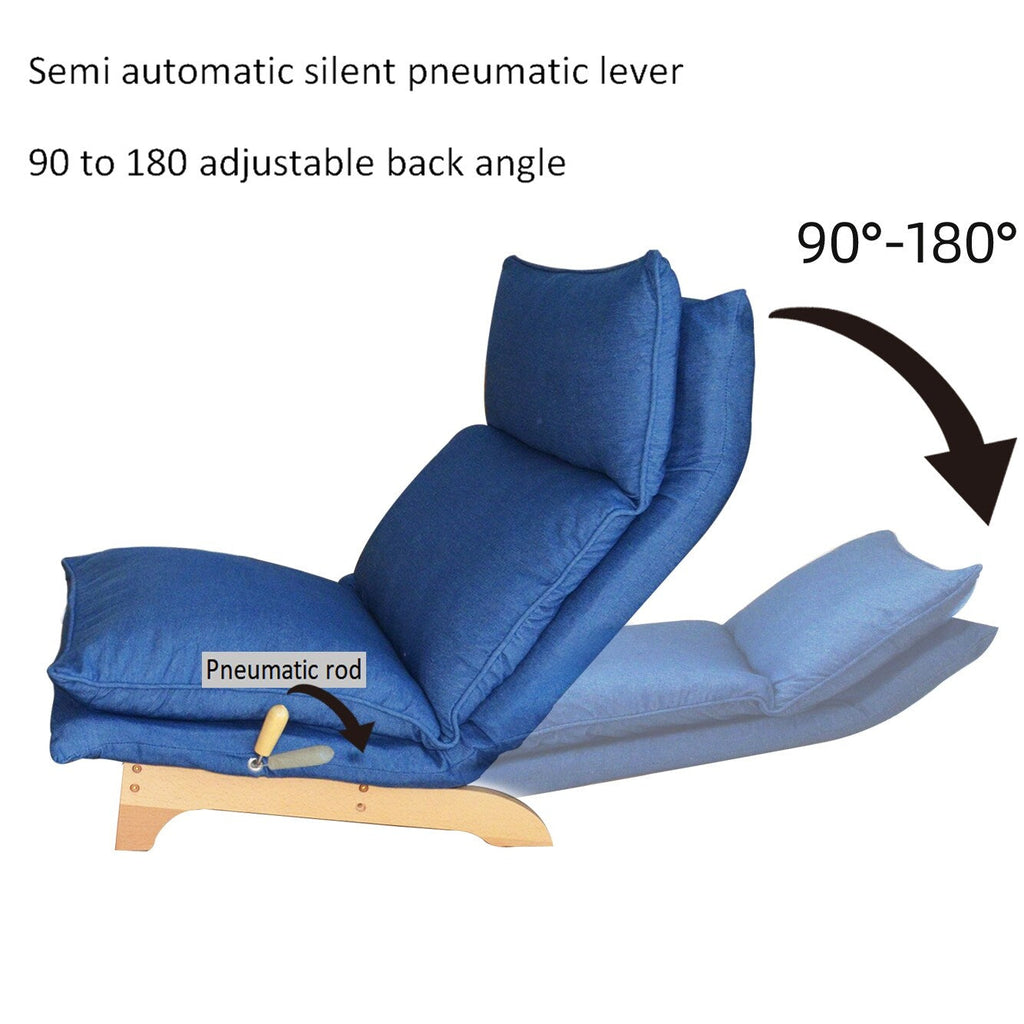Fauteuil inclinable manuel sans accoudoirs rembourré bleu foncé avec pouf, appui-tête et dossier réglables, position à plat à 180°