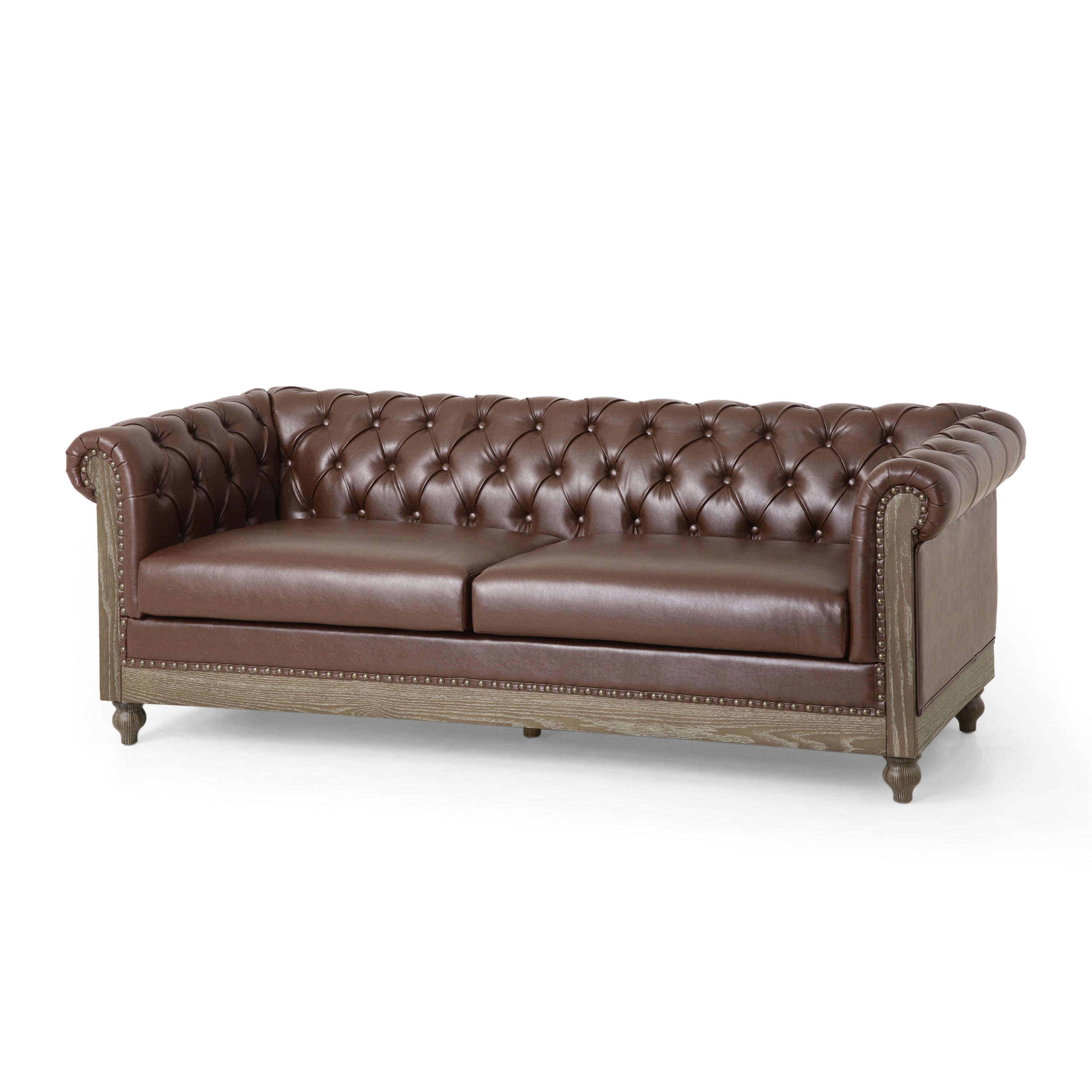Canapé 3 places Chesterfield marron foncé 78,75 en similicuir avec pieds en bois et clous pour le salon