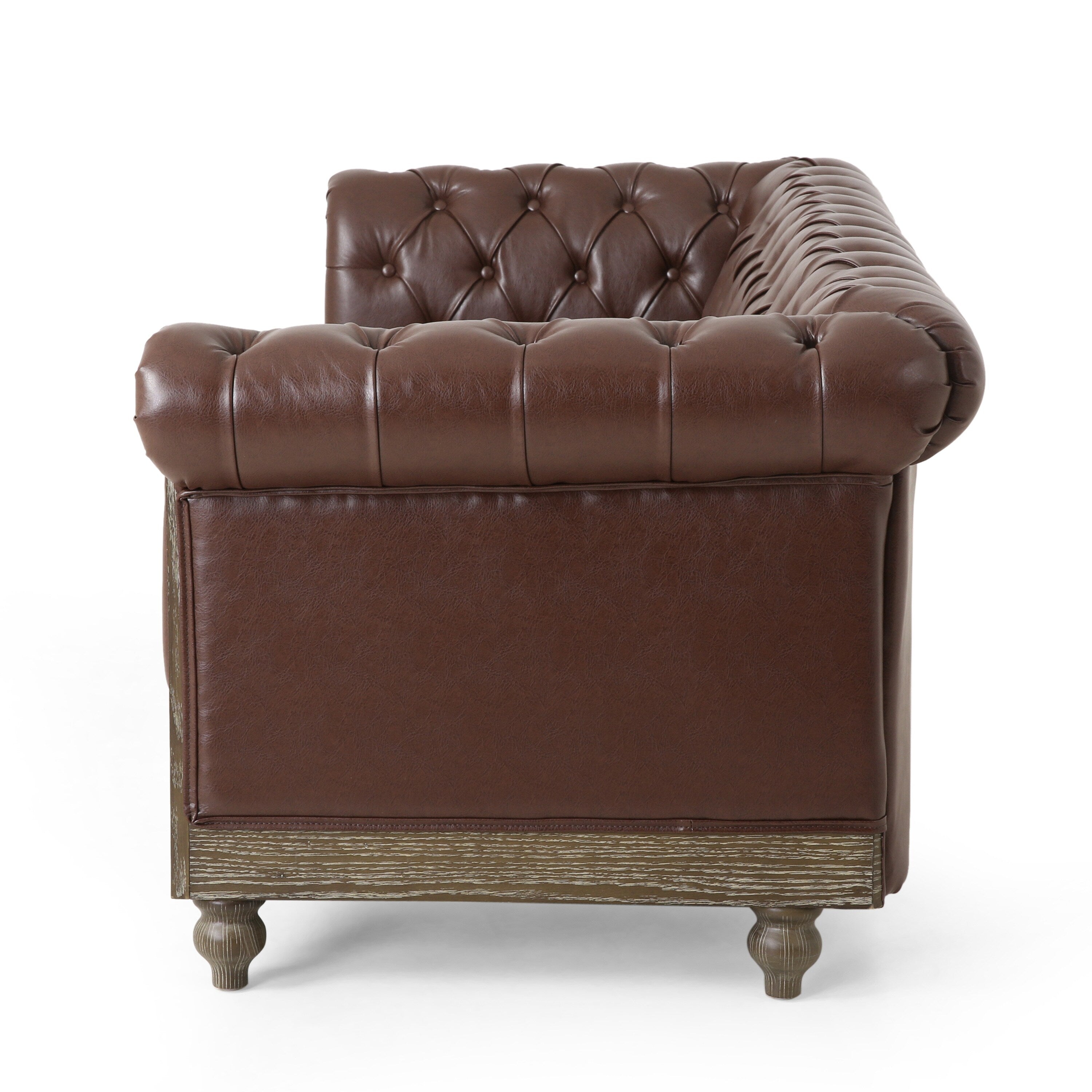 Canapé 3 places Chesterfield marron foncé 78,75 en similicuir avec pieds en bois et clous pour le salon