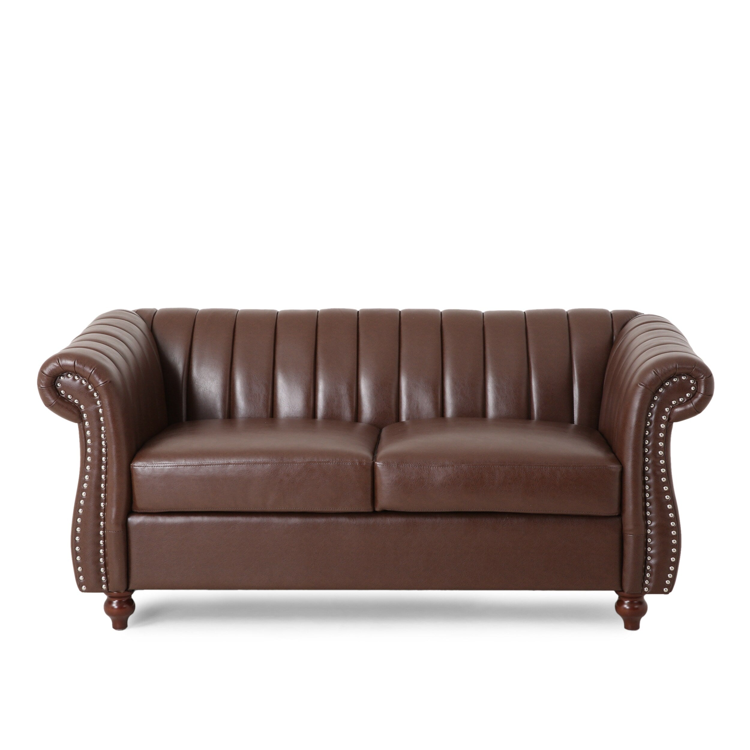 Canapé Chesterfield marron foncé avec têtes de clous et pieds en bouleau