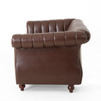 Canapé Chesterfield marron foncé avec têtes de clous et pieds en bouleau