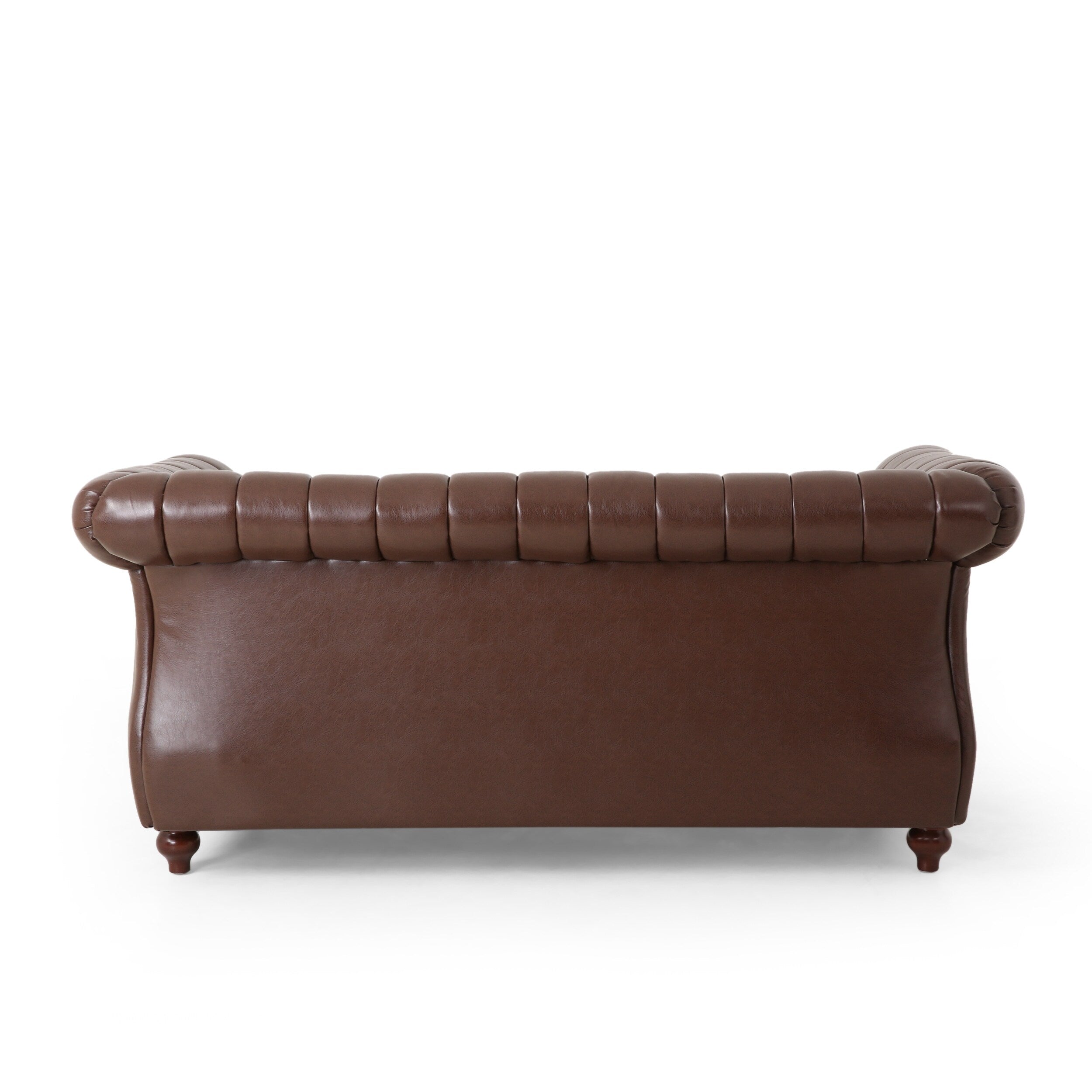 Canapé Chesterfield marron foncé avec têtes de clous et pieds en bouleau