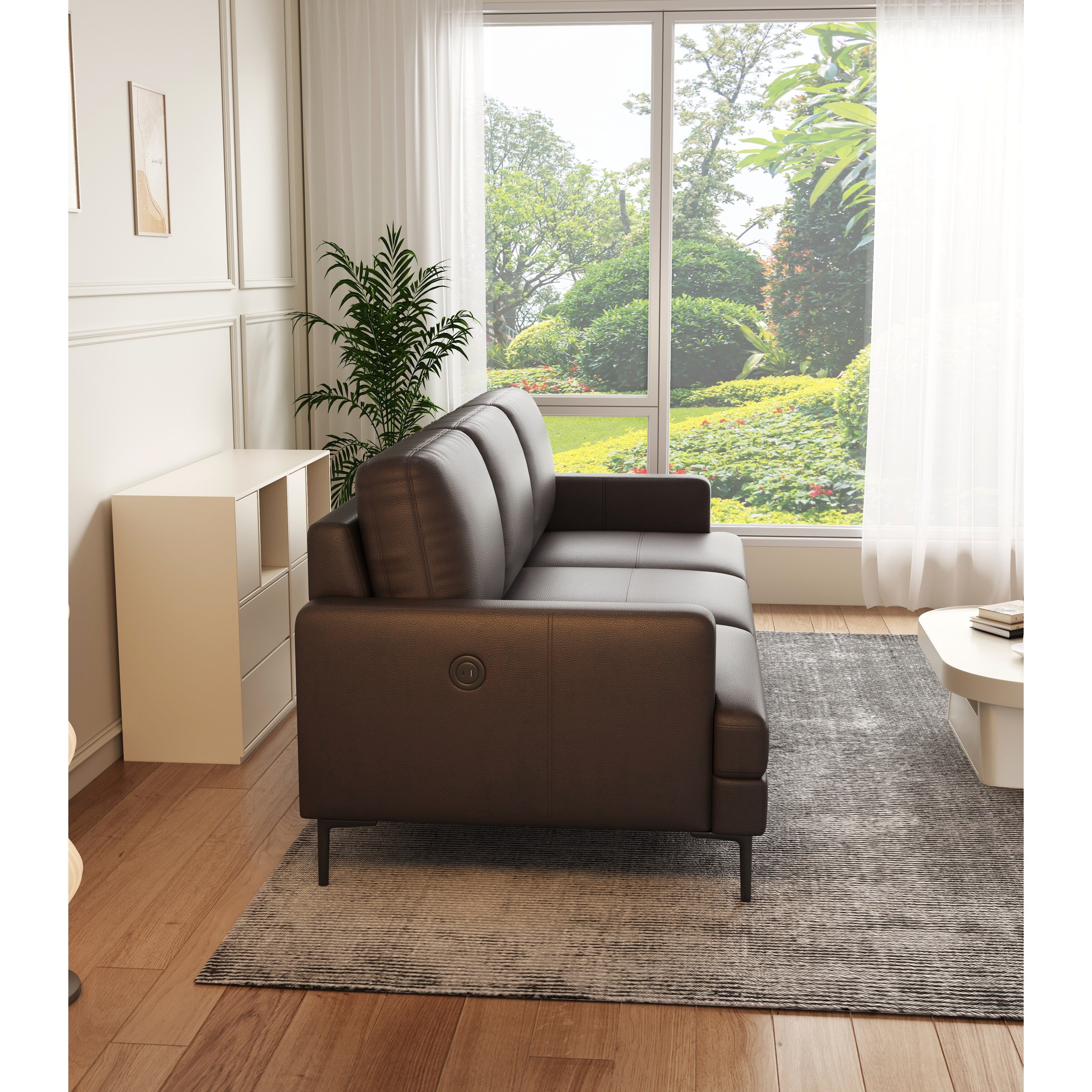 Canapé 3 places de luxe en cuir véritable marron foncé 77 avec chargeur USB pour le salon