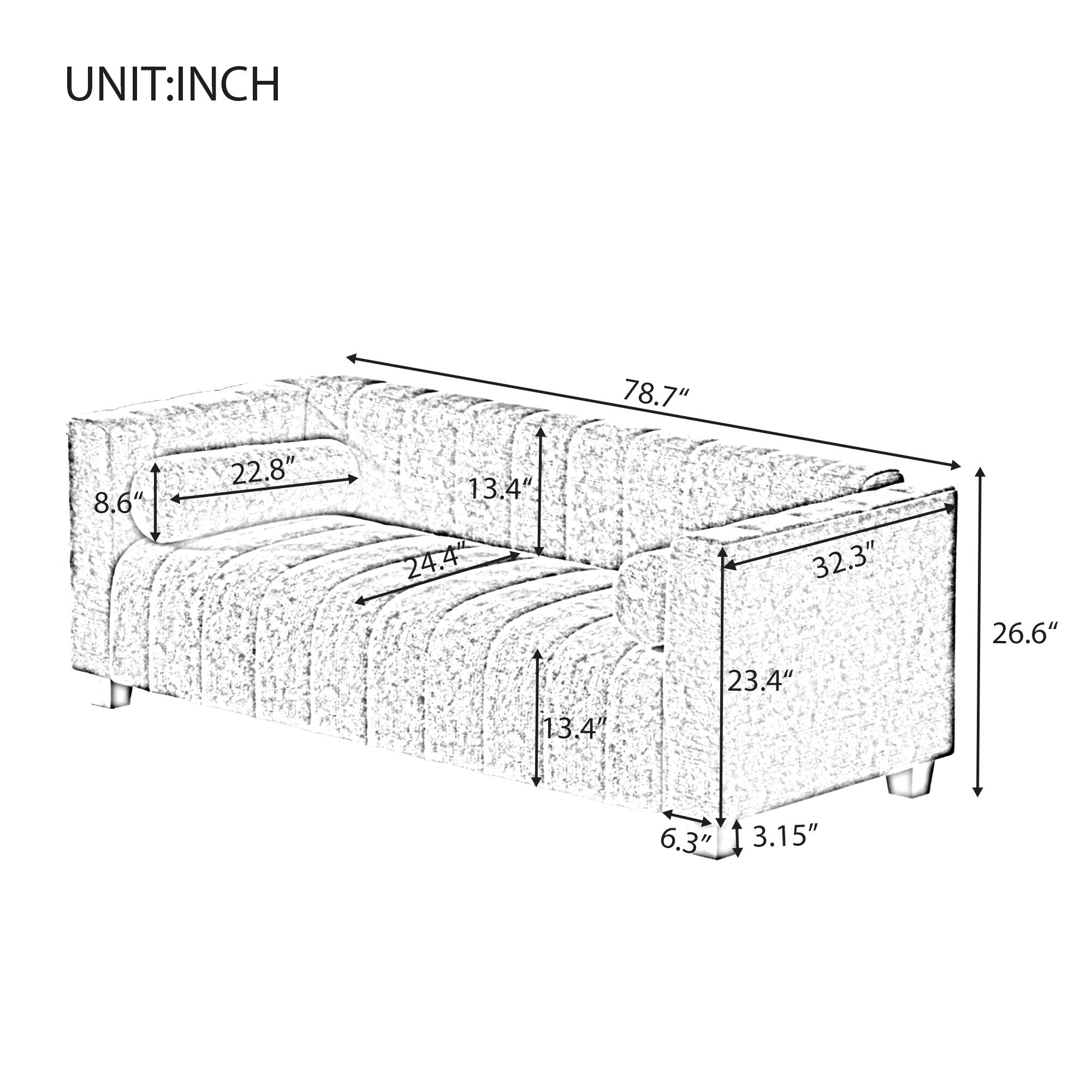 Canapé 3 places rembourré en chenille gris foncé avec pieds en plastique