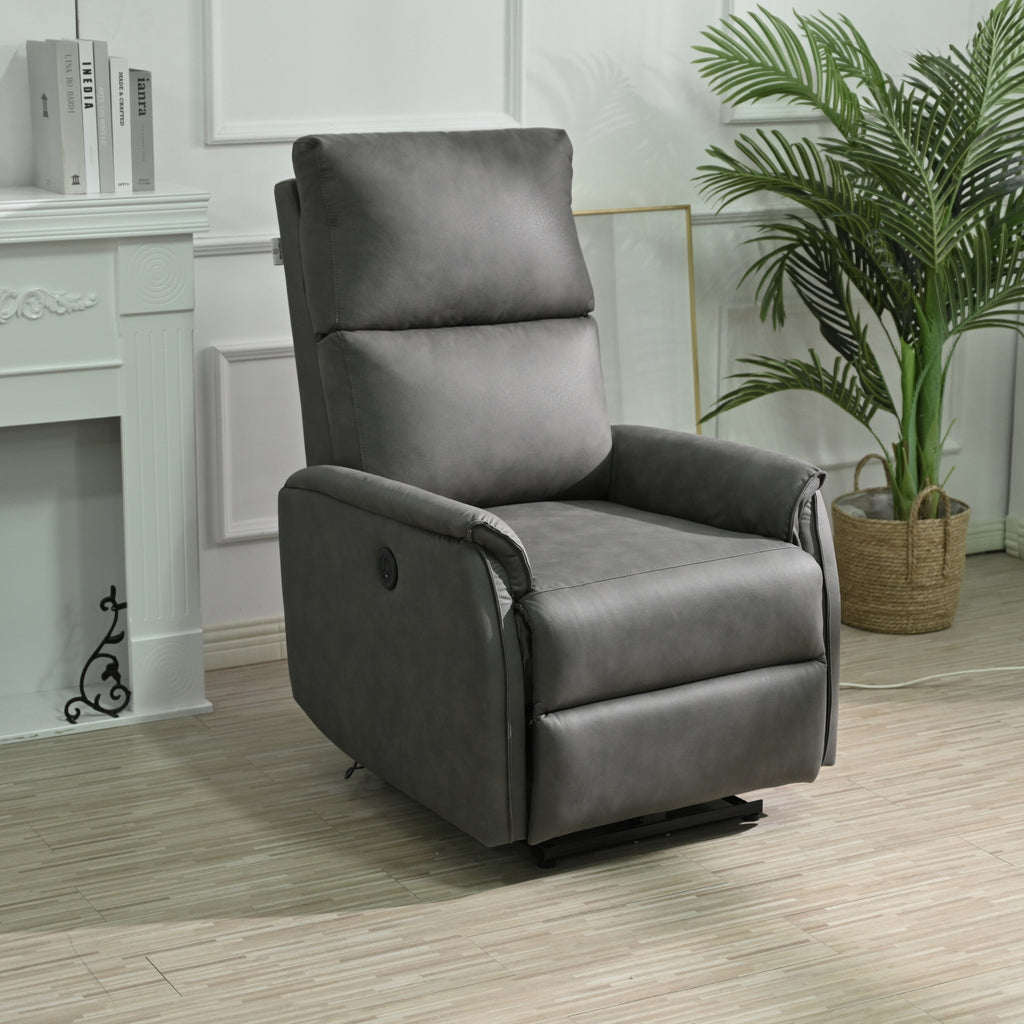 Fauteuil inclinable électrique en similicuir gris foncé avec ports USB et coussin épais pour le salon
