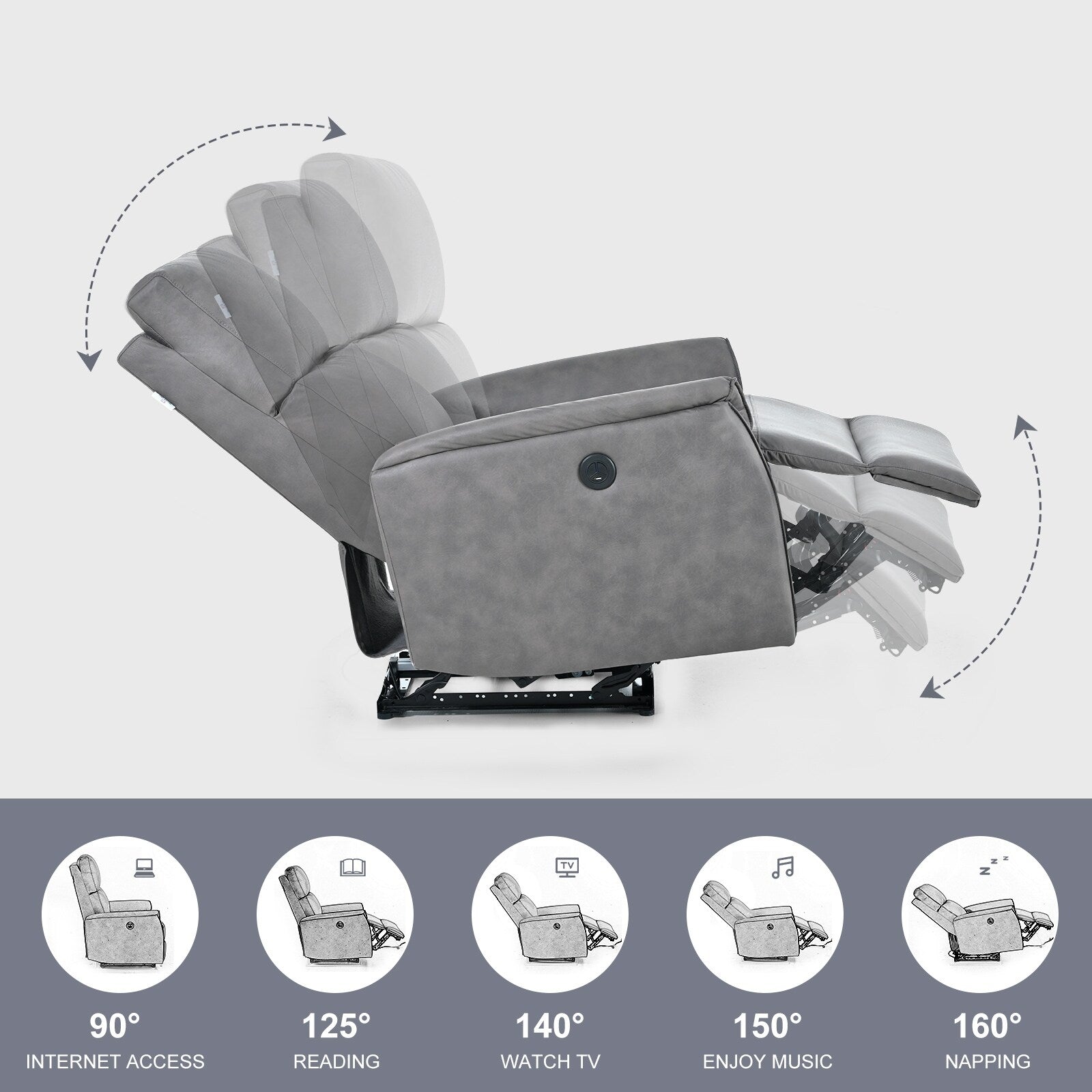 Fauteuil inclinable électrique en similicuir gris foncé avec ports USB et coussin épais pour le salon