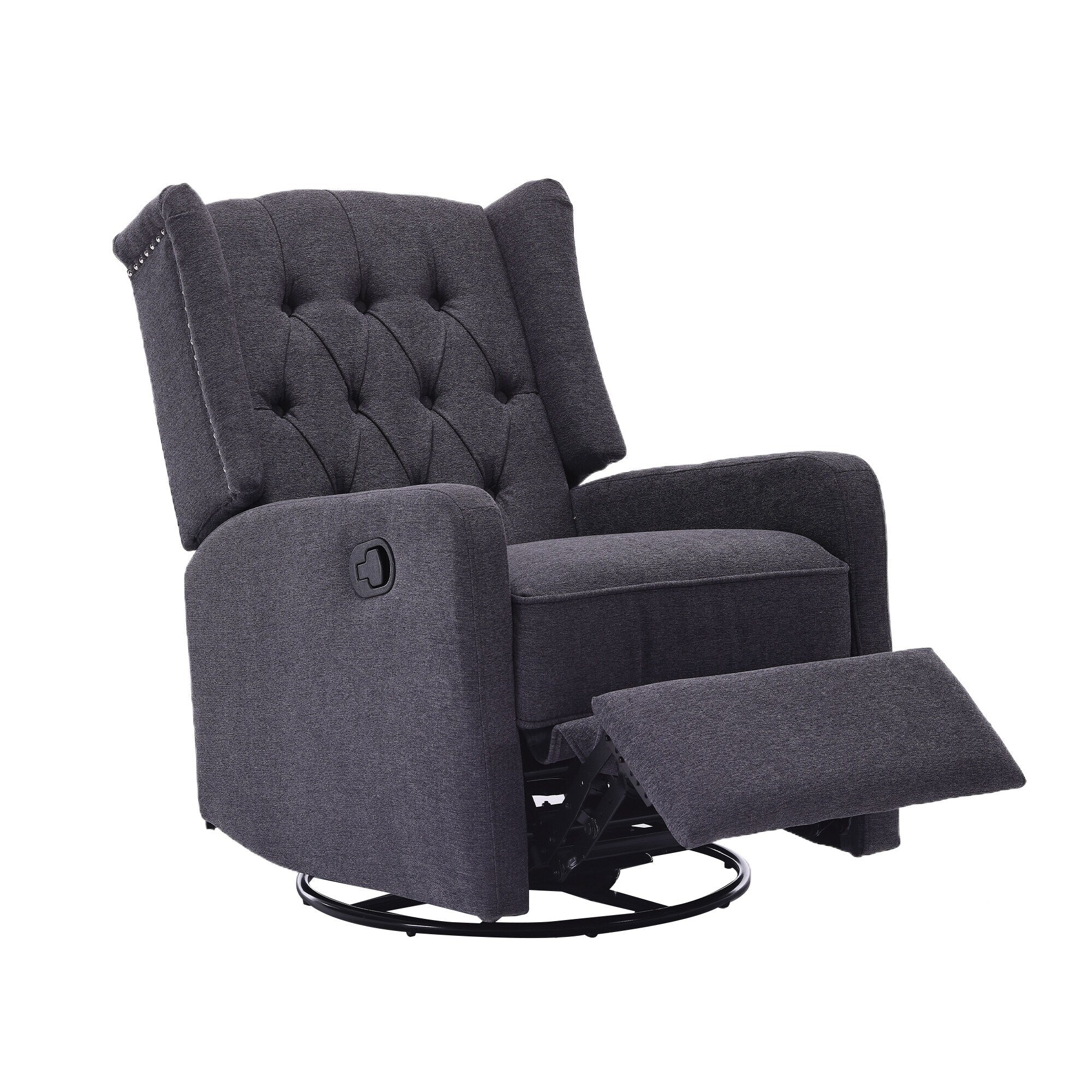 Fauteuil inclinable manuel pivotant à 360° en lin gris foncé avec dossier capitonné et repose-pieds pour salon et chambre