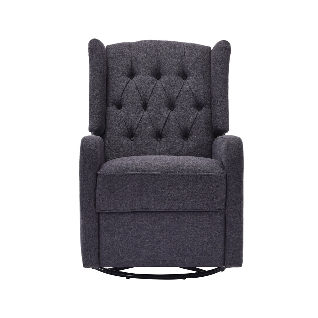 Fauteuil inclinable manuel pivotant à 360° en lin gris foncé avec dossier capitonné et repose-pieds pour salon et chambre