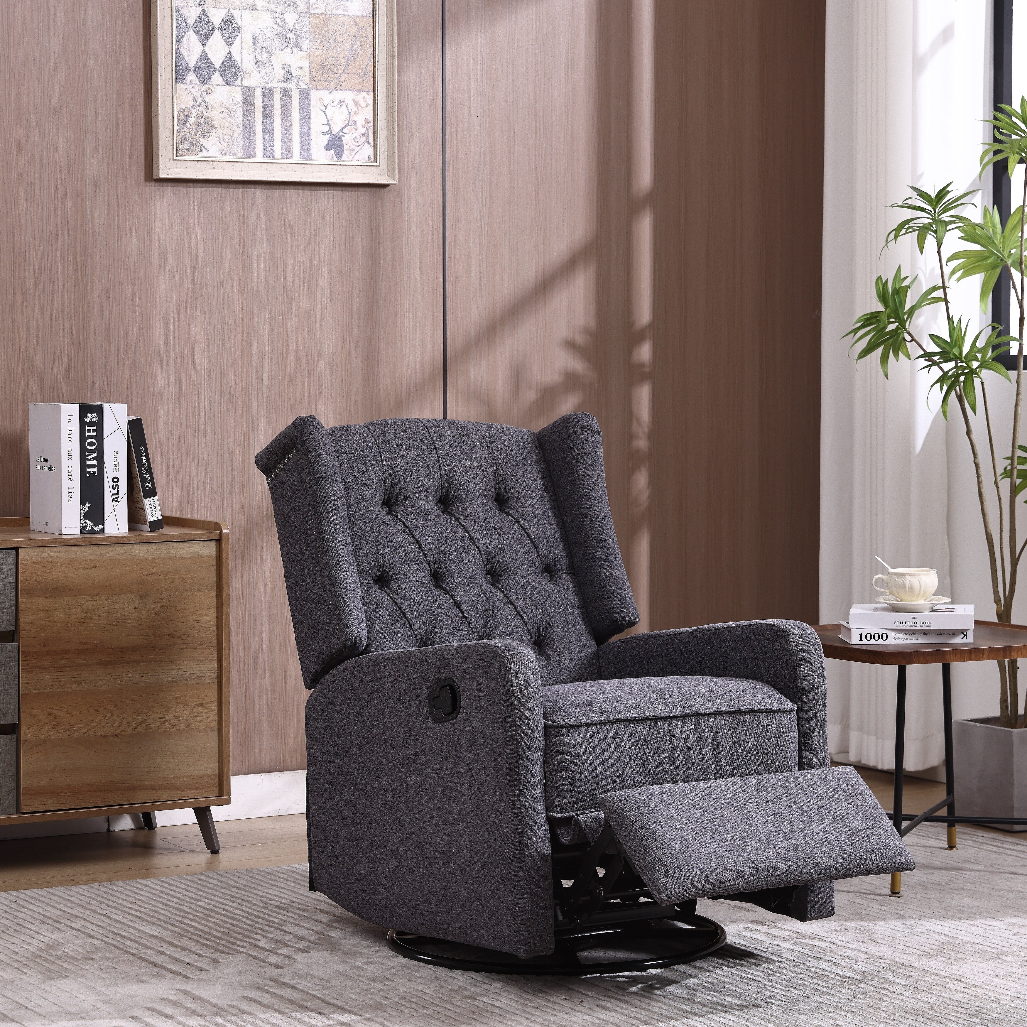 Fauteuil inclinable manuel pivotant à 360° en lin gris foncé avec dossier capitonné et repose-pieds pour salon et chambre
