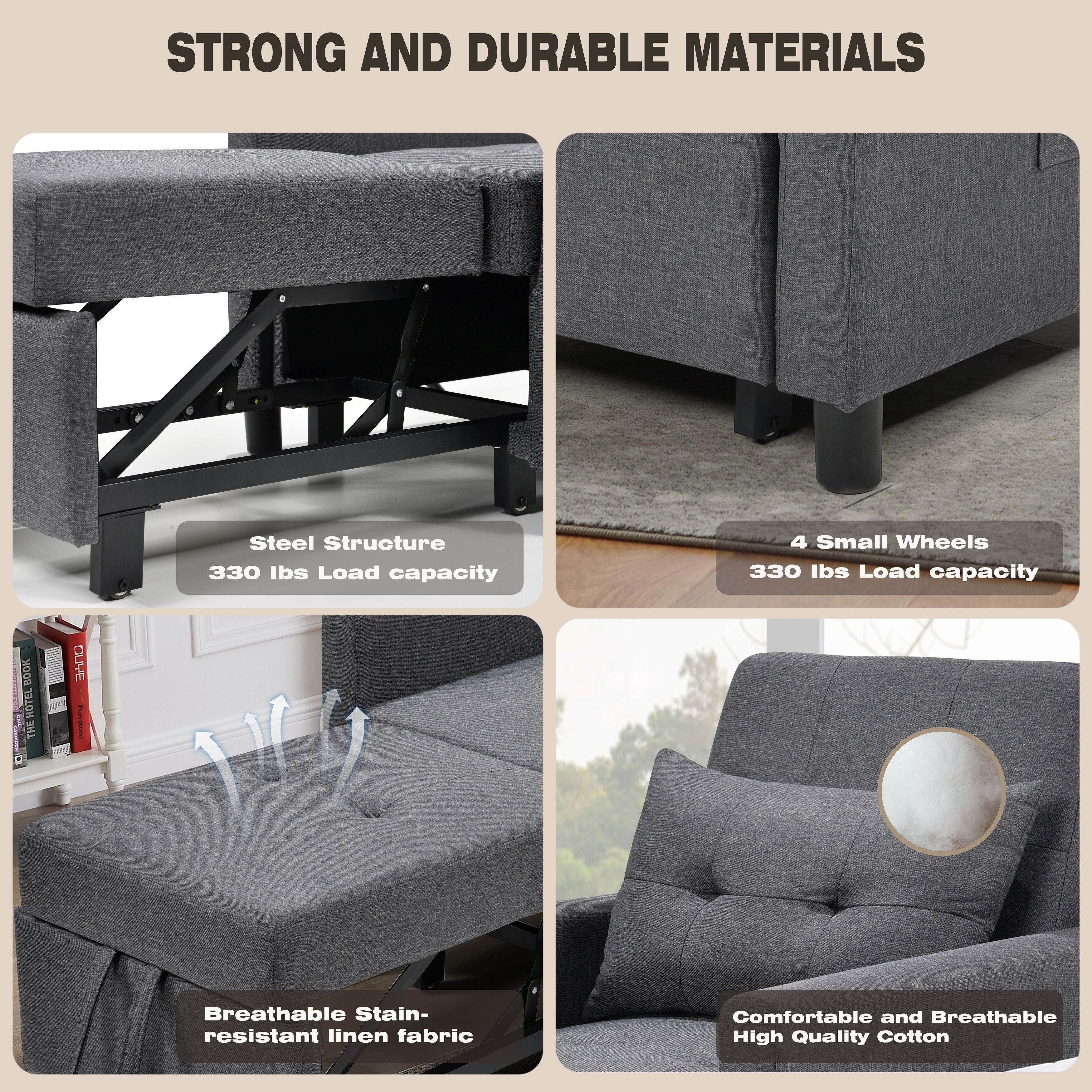 Canapé-lit convertible 3 en 1 gris foncé moderne de 27,5 pouces avec dossier réglable et oreiller pour le salon