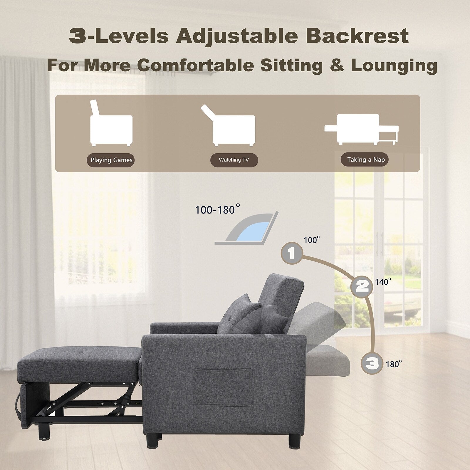 Canapé-lit convertible 3 en 1 gris foncé moderne de 27,5 pouces avec dossier réglable et oreiller pour le salon