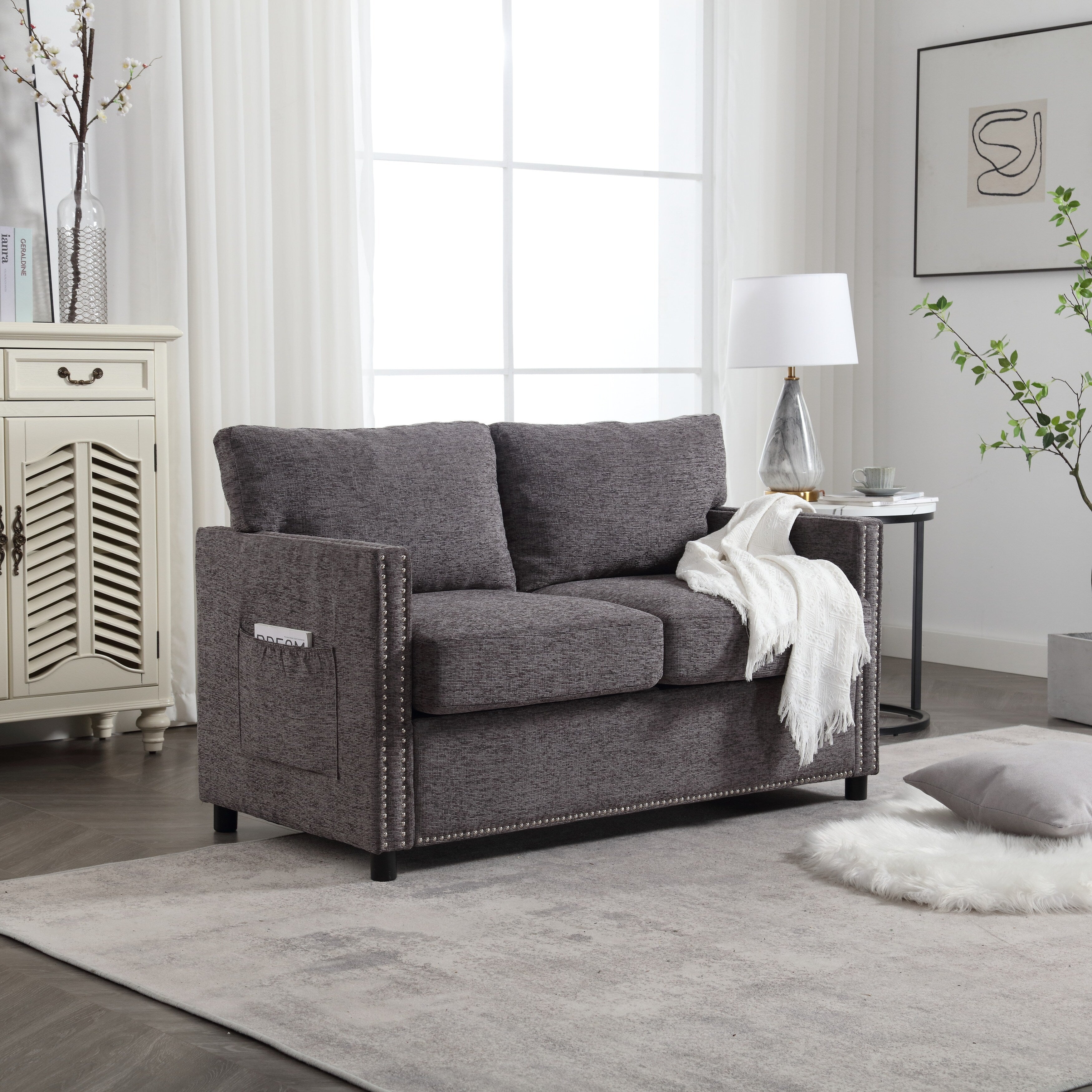 Canapé causeuse gris foncé moderne 52,36 pouces en chenille avec poche et clous pour le salon