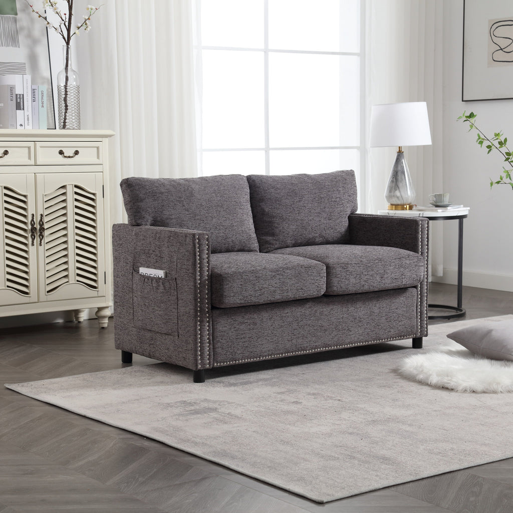 Canapé causeuse gris foncé moderne 52,36 pouces en chenille avec poche et clous pour le salon