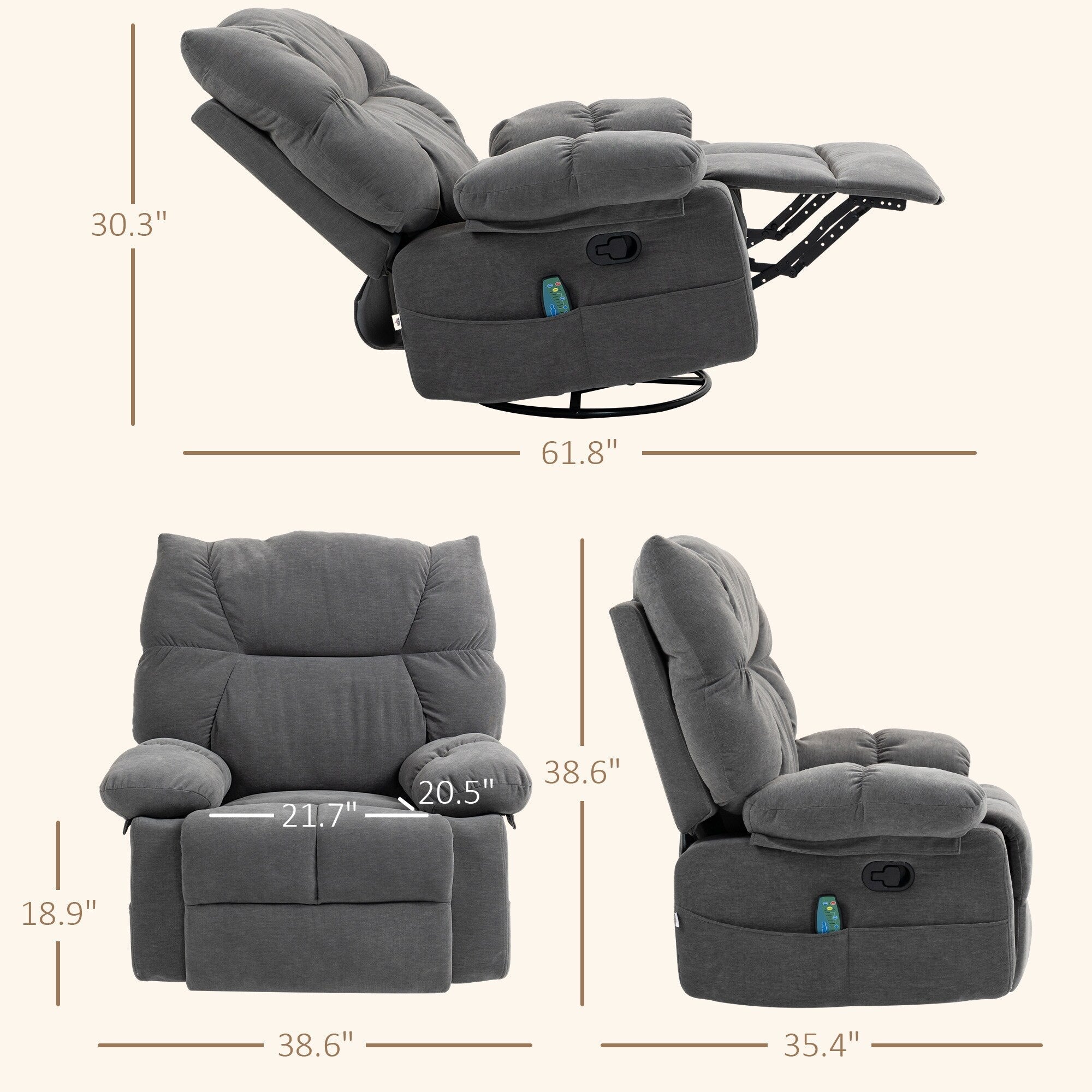 Fauteuil inclinable manuel pivotant à 360°, rembourré en chenille gris foncé surdimensionné, avec massage par vibration et chauffage lombaire