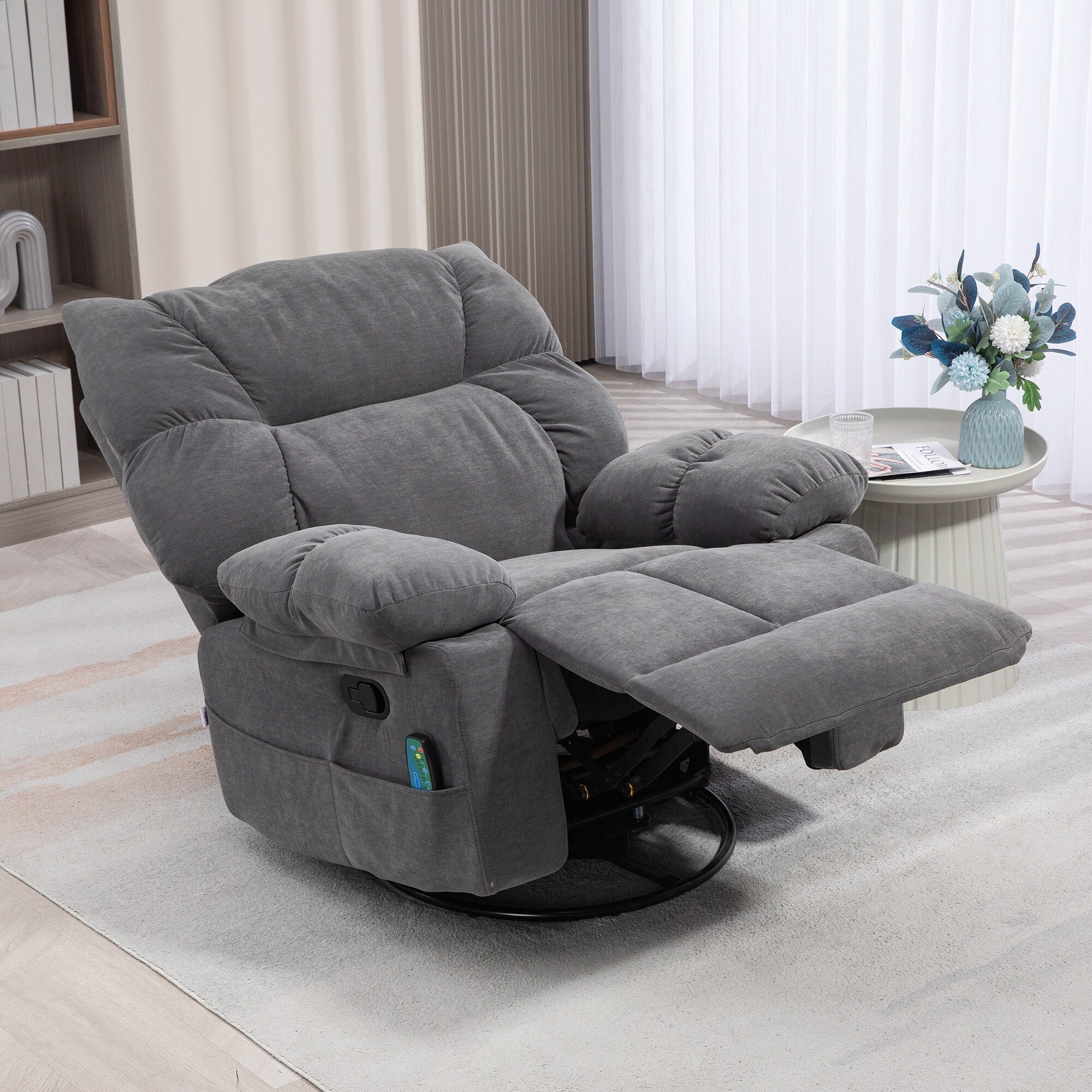 Fauteuil inclinable manuel pivotant à 360°, rembourré en chenille gris foncé surdimensionné, avec massage par vibration et chauffage lombaire