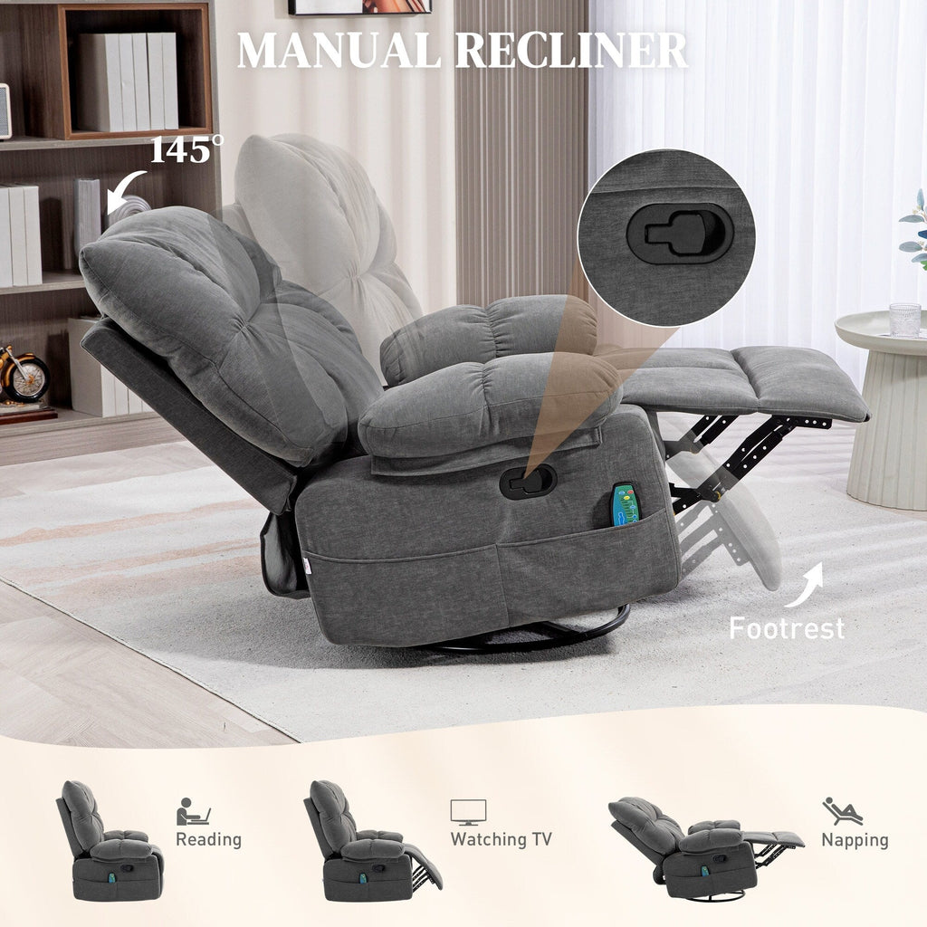 Fauteuil inclinable manuel pivotant à 360°, rembourré en chenille gris foncé surdimensionné, avec massage par vibration et chauffage lombaire