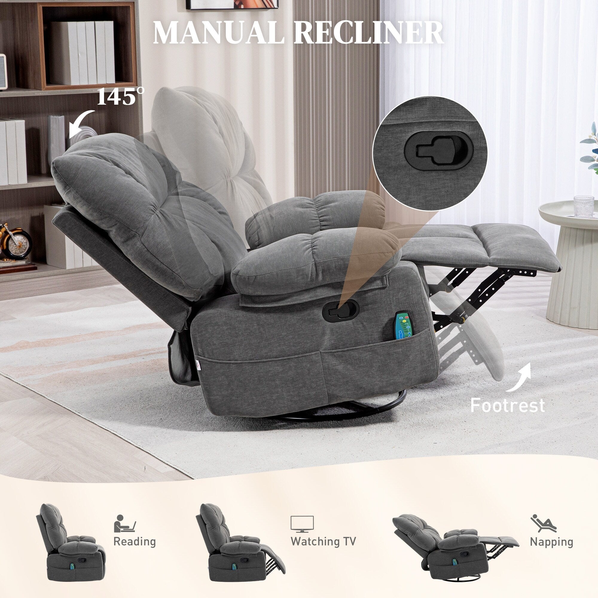 Fauteuil inclinable manuel pivotant à 360°, rembourré en chenille gris foncé surdimensionné, avec massage par vibration et chauffage lombaire