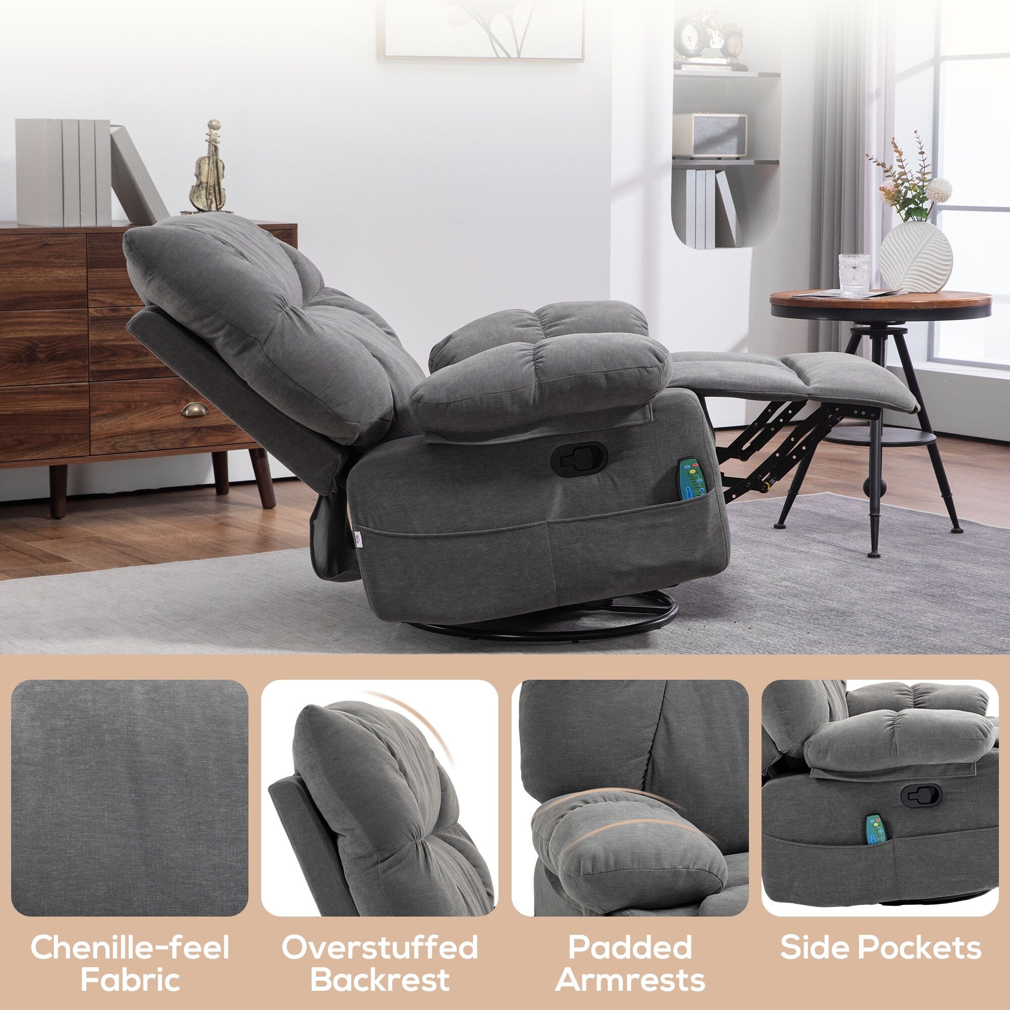 Fauteuil inclinable manuel pivotant à 360°, rembourré en chenille gris foncé surdimensionné, avec massage par vibration et chauffage lombaire