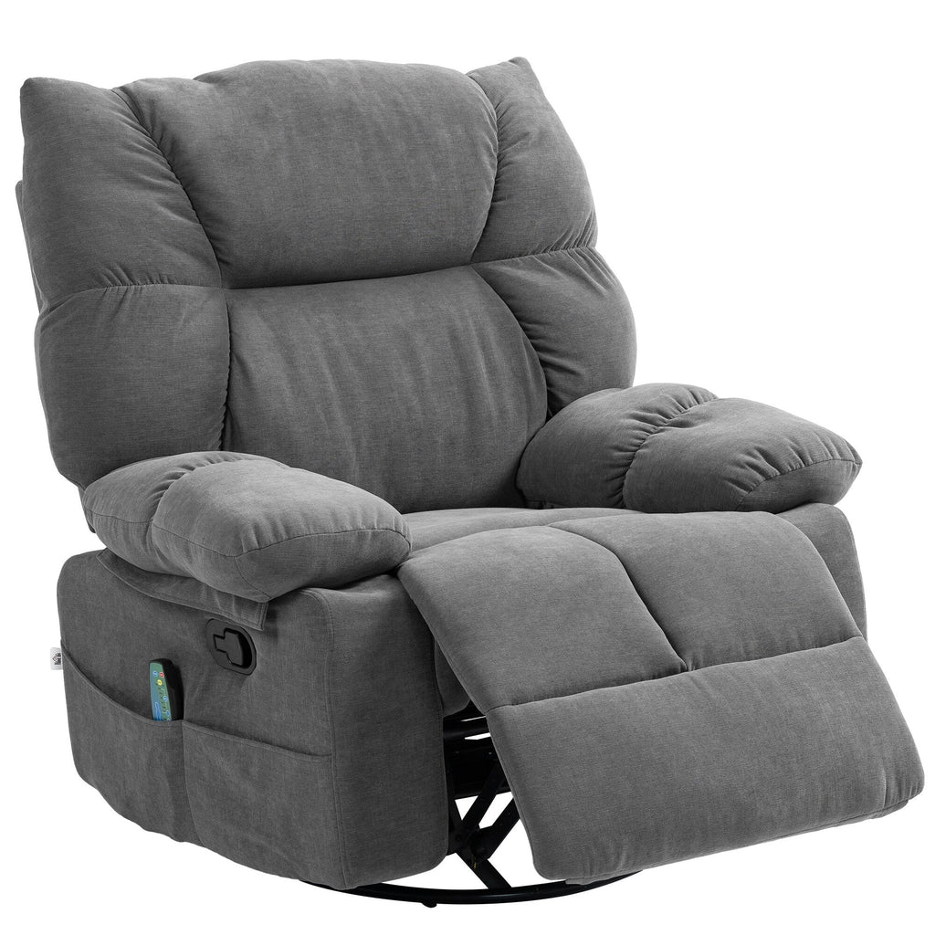 Fauteuil inclinable manuel pivotant à 360°, rembourré en chenille gris foncé surdimensionné, avec massage par vibration et chauffage lombaire