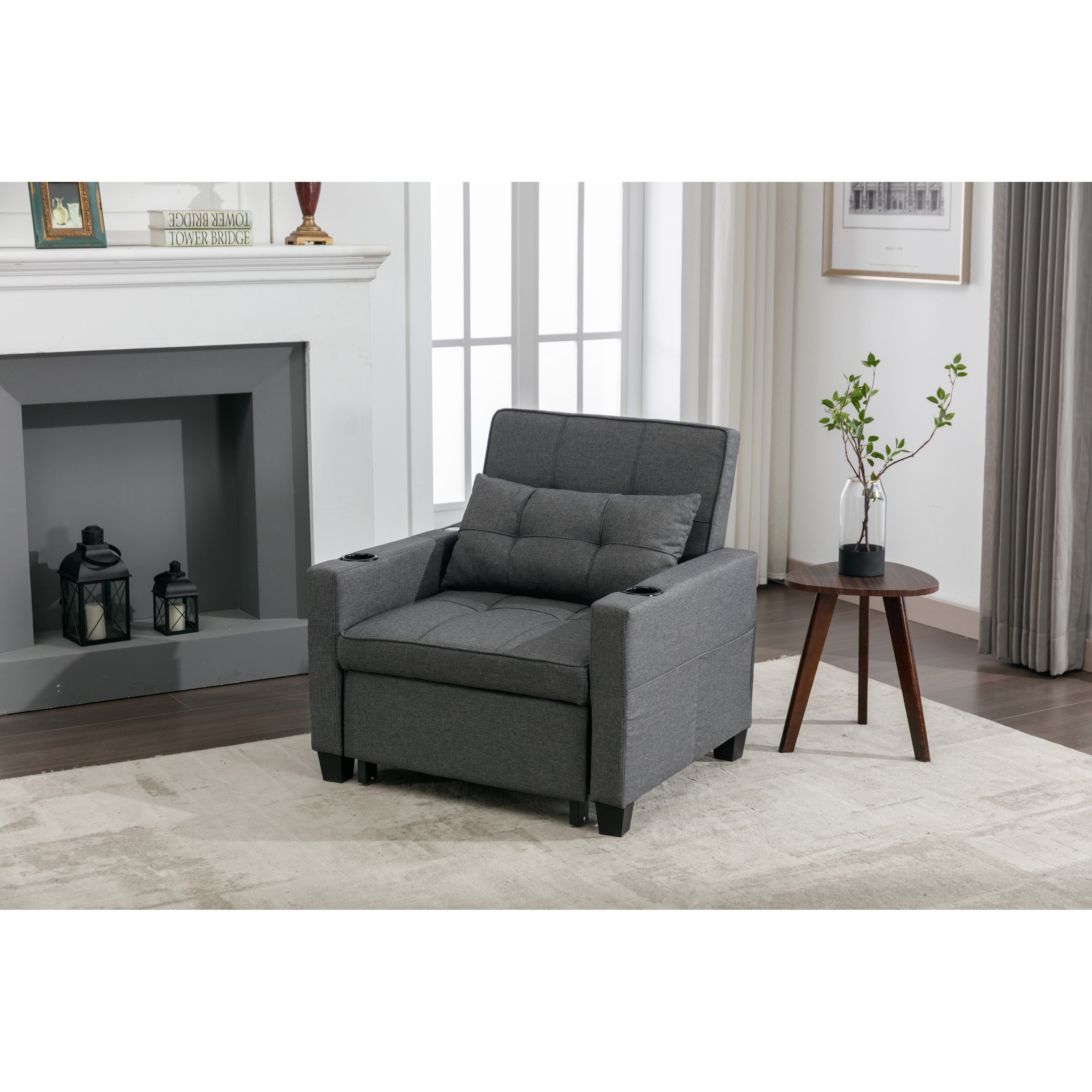 Canapé convertible 3 en 1 en lin gris foncé 68.12 avec ports USB et tissu résistant à l'usure pour le salon