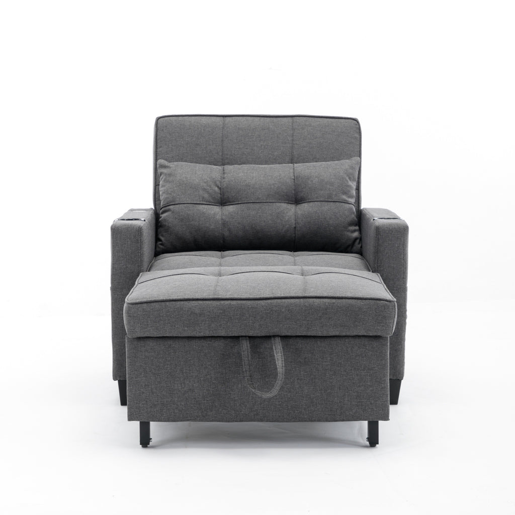 Canapé convertible 3 en 1 en lin gris foncé 68.12 avec ports USB et tissu résistant à l'usure pour le salon