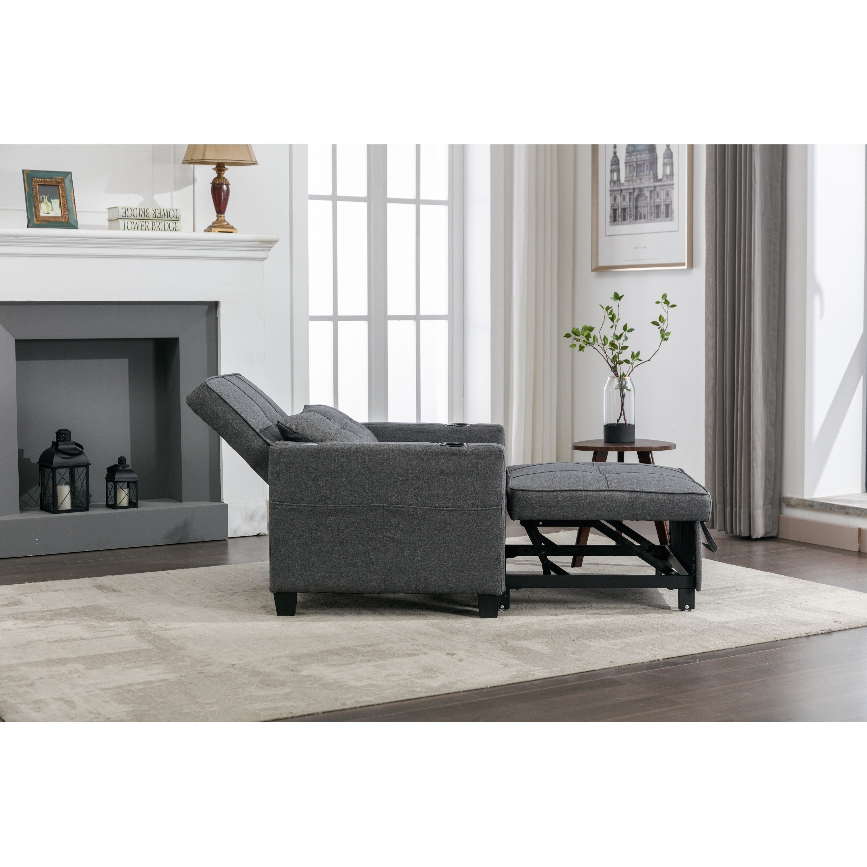 Canapé convertible 3 en 1 en lin gris foncé 68.12 avec ports USB et tissu résistant à l'usure pour le salon