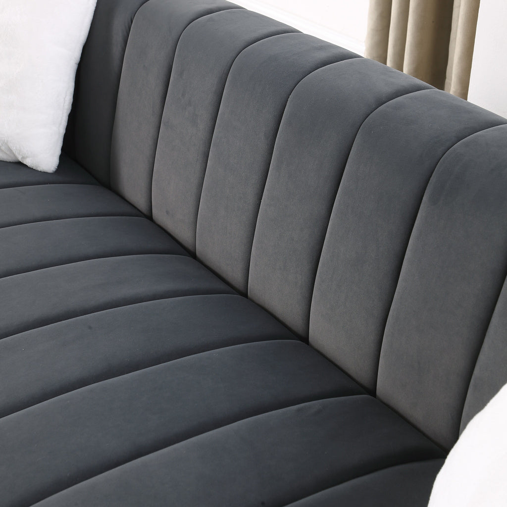 Canapé 3 places capitonné en velours Chesterfield 87.01 gris foncé avec coussins pour le salon