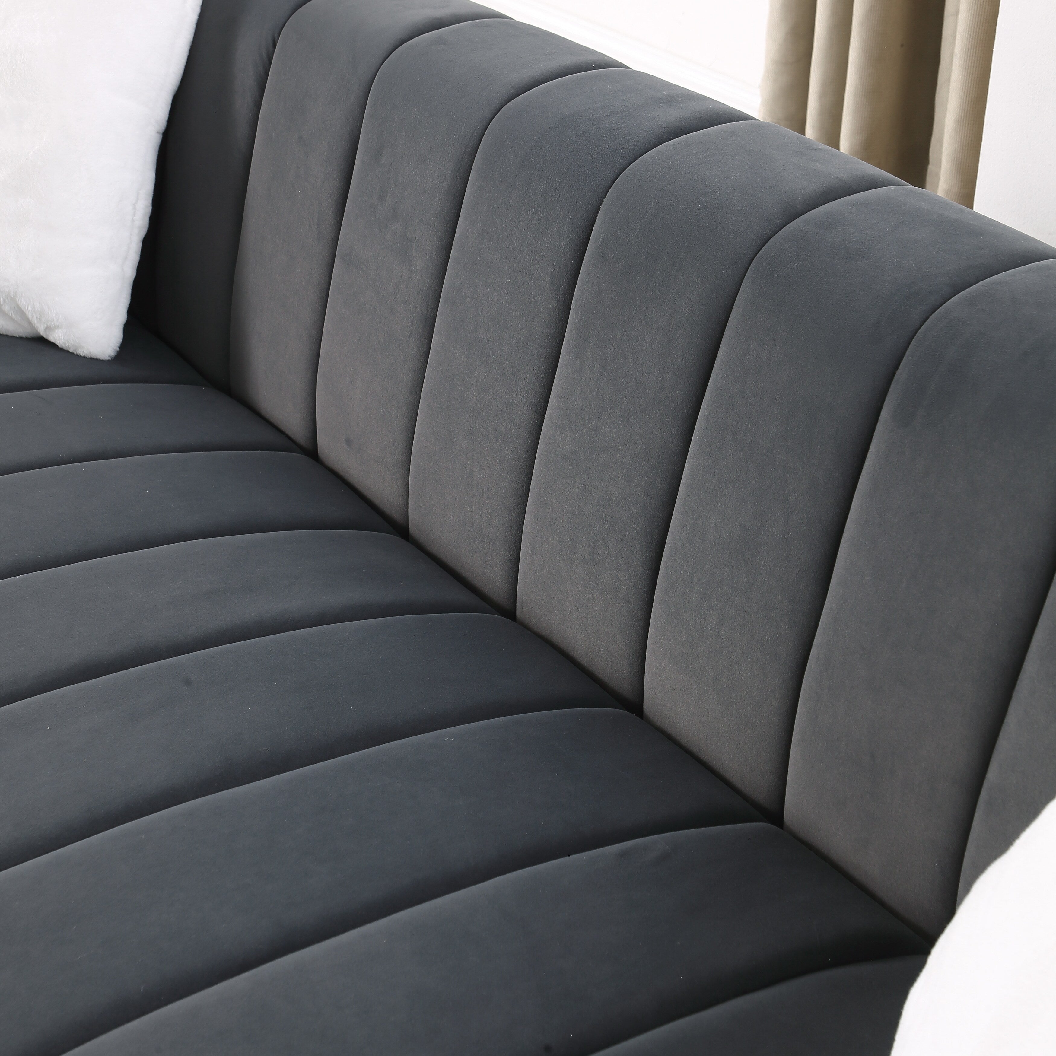 Canapé 3 places capitonné en velours Chesterfield 87.01 gris foncé avec coussins pour le salon