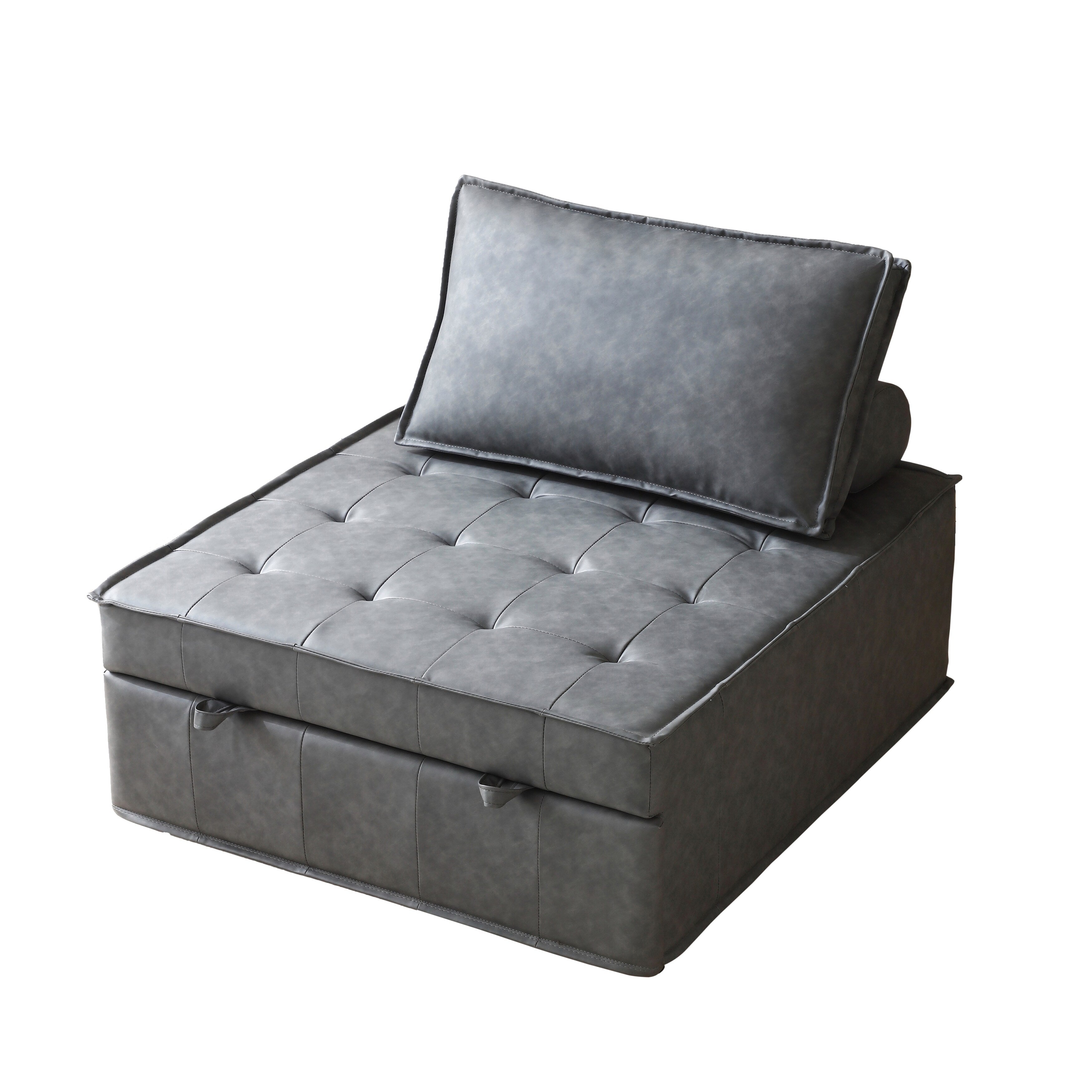 Canapé-lit gigogne ottoman en similicuir gris foncé avec dossier réglable