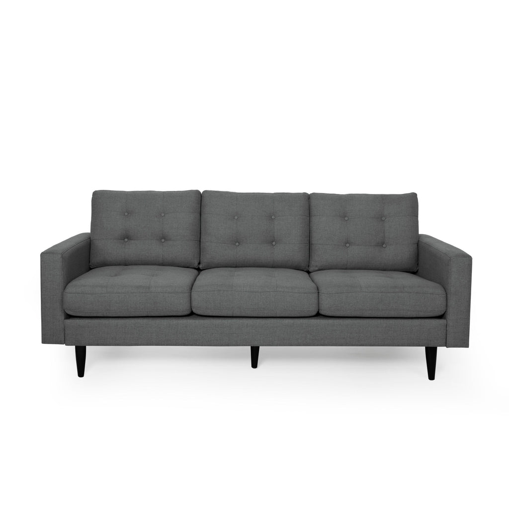 Canapé 3 places gris foncé moderne capitonné à boutons 82,75 avec pieds en bois de bouleau pour le salon