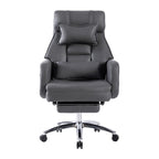 Fauteuil de bureau inclinable manuel pivotant à 360° en cuir gris foncé avec support lombaire, appui-tête, repose-pieds et hauteur réglable