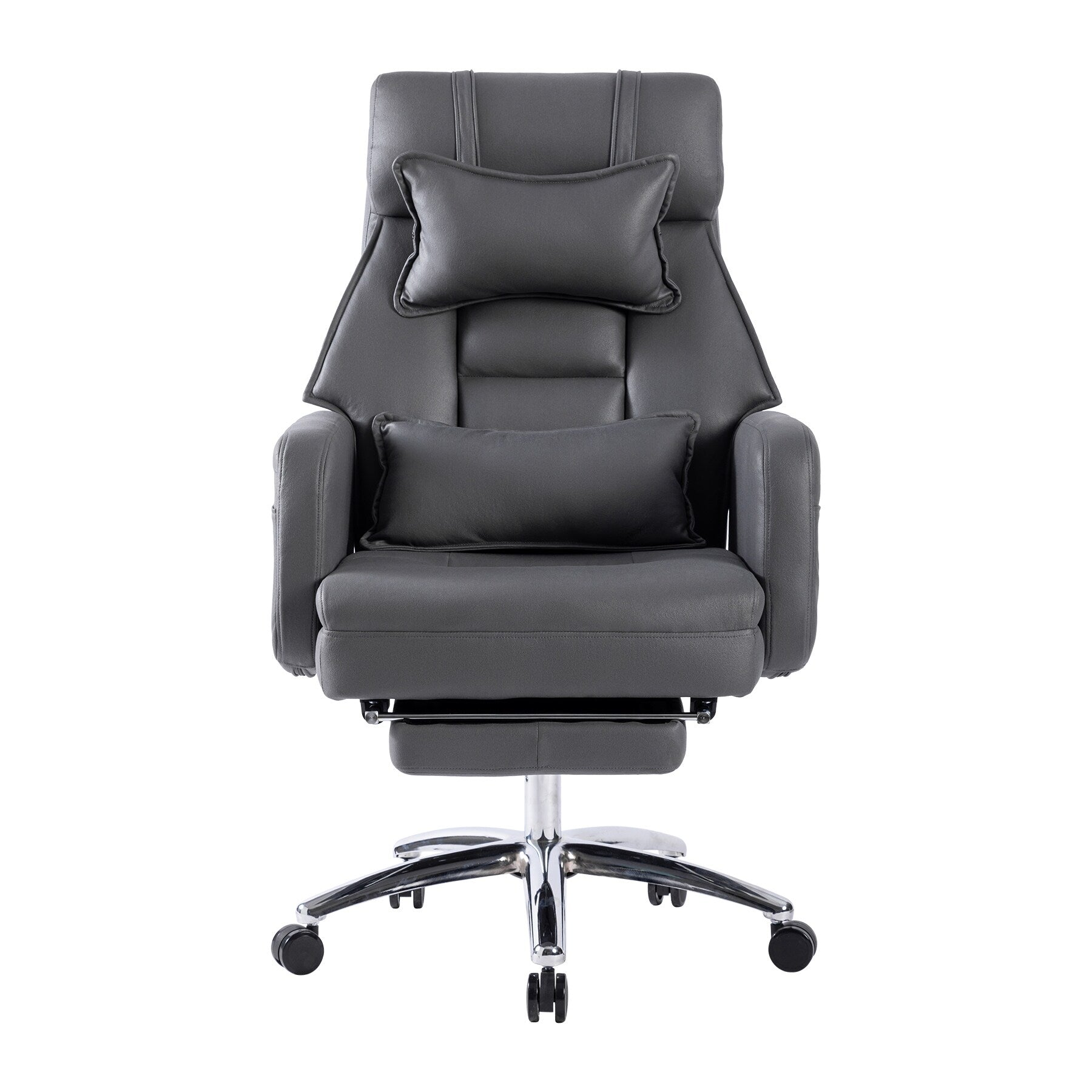Fauteuil de bureau inclinable manuel pivotant à 360° en cuir gris foncé avec support lombaire, appui-tête, repose-pieds et hauteur réglable