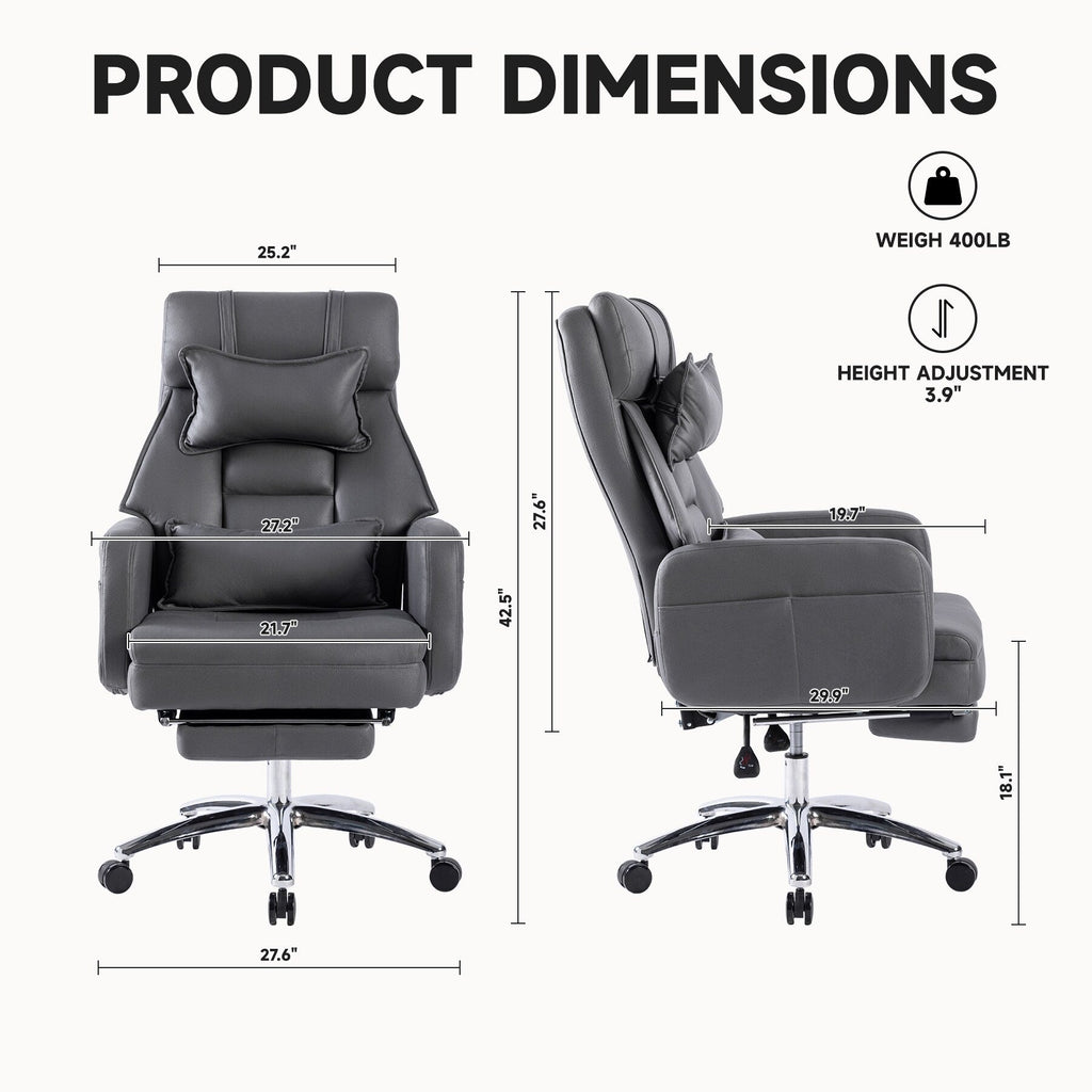 Fauteuil de bureau inclinable manuel pivotant à 360° en cuir gris foncé avec support lombaire, appui-tête, repose-pieds et hauteur réglable