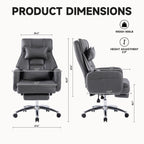 Fauteuil de bureau inclinable manuel pivotant à 360° en cuir gris foncé avec support lombaire, appui-tête, repose-pieds et hauteur réglable