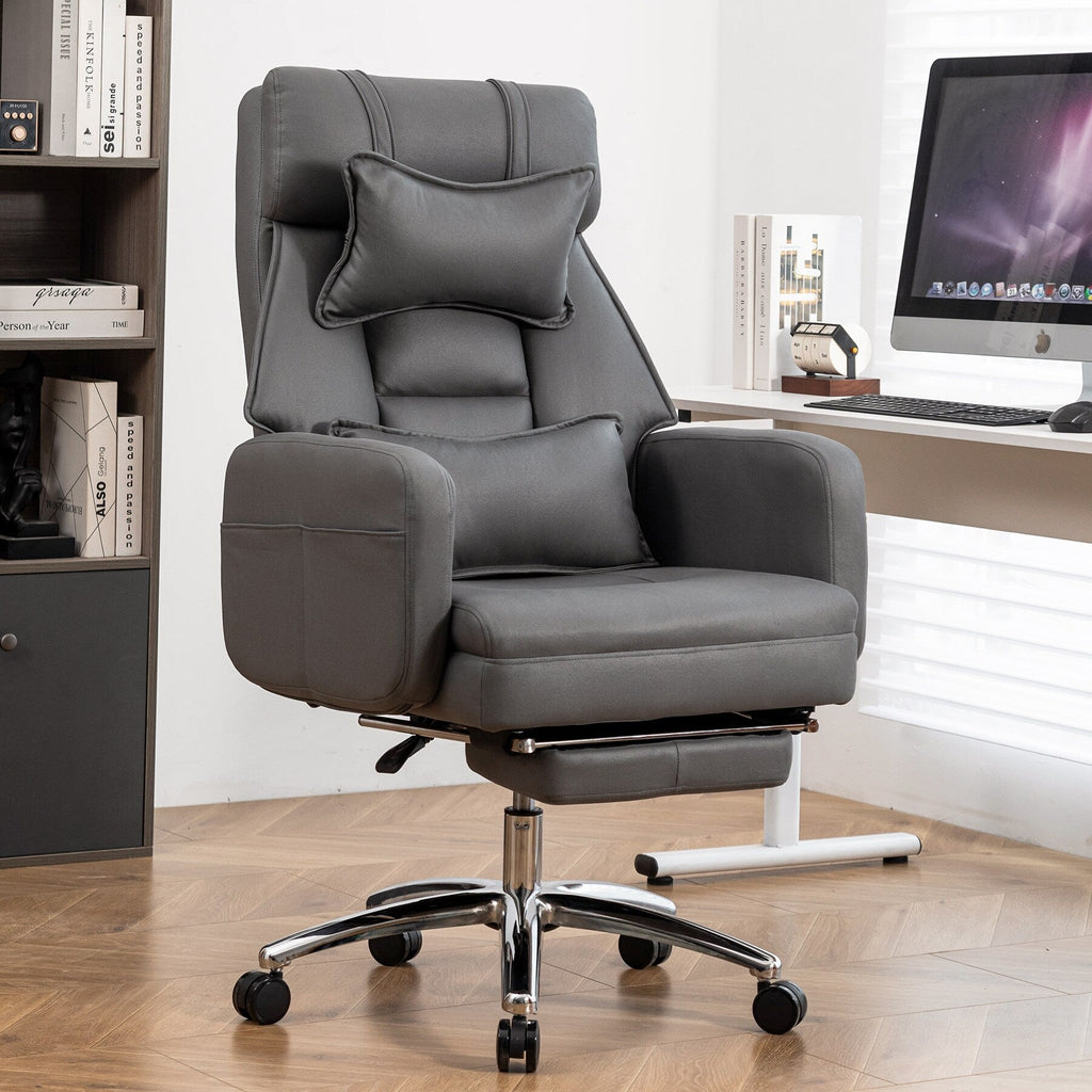 Fauteuil de bureau inclinable manuel pivotant à 360° en cuir gris foncé avec support lombaire, appui-tête, repose-pieds et hauteur réglable