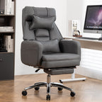 Fauteuil de bureau inclinable manuel pivotant à 360° en cuir gris foncé avec support lombaire, appui-tête, repose-pieds et hauteur réglable