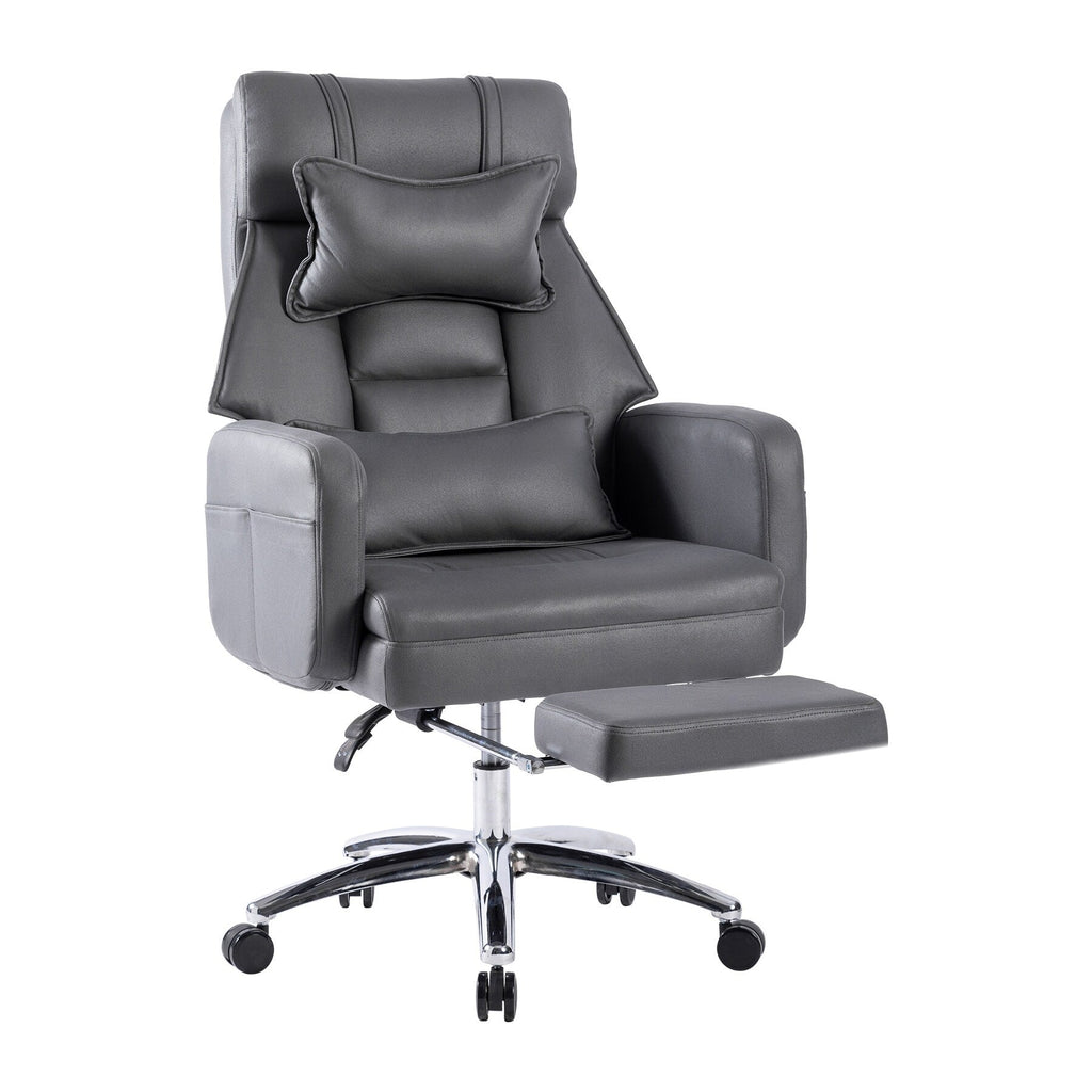 Fauteuil de bureau inclinable manuel pivotant à 360° en cuir gris foncé avec support lombaire, appui-tête, repose-pieds et hauteur réglable