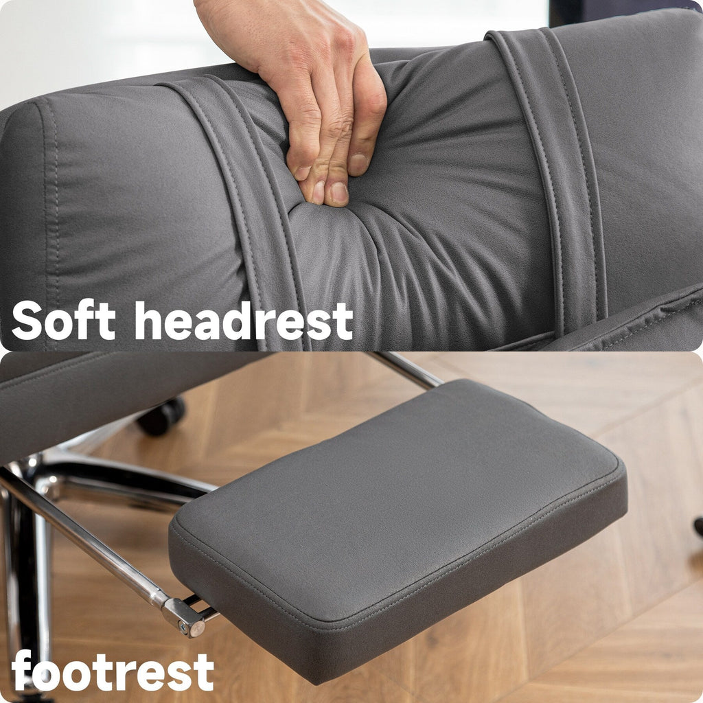 Fauteuil de bureau inclinable manuel pivotant à 360° en cuir gris foncé avec support lombaire, appui-tête, repose-pieds et hauteur réglable