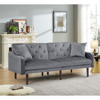 Canapé-lit 3 places en velours gris foncé avec coussins décoratifs et cadre en bois