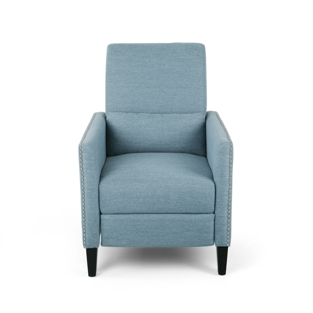 Fauteuil inclinable Davy Pushback, garniture cloutée, bois de bouleau, tissu bleu