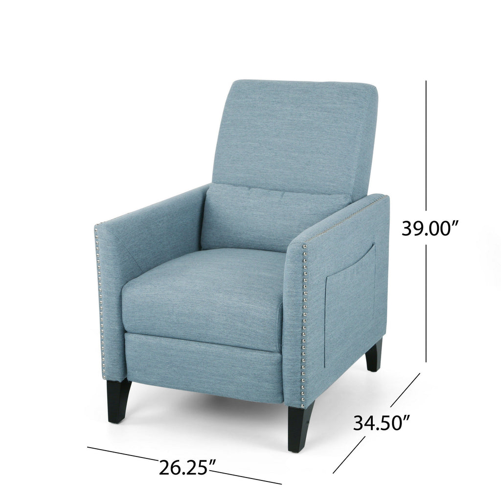 Fauteuil inclinable Davy Pushback, garniture cloutée, bois de bouleau, tissu bleu
