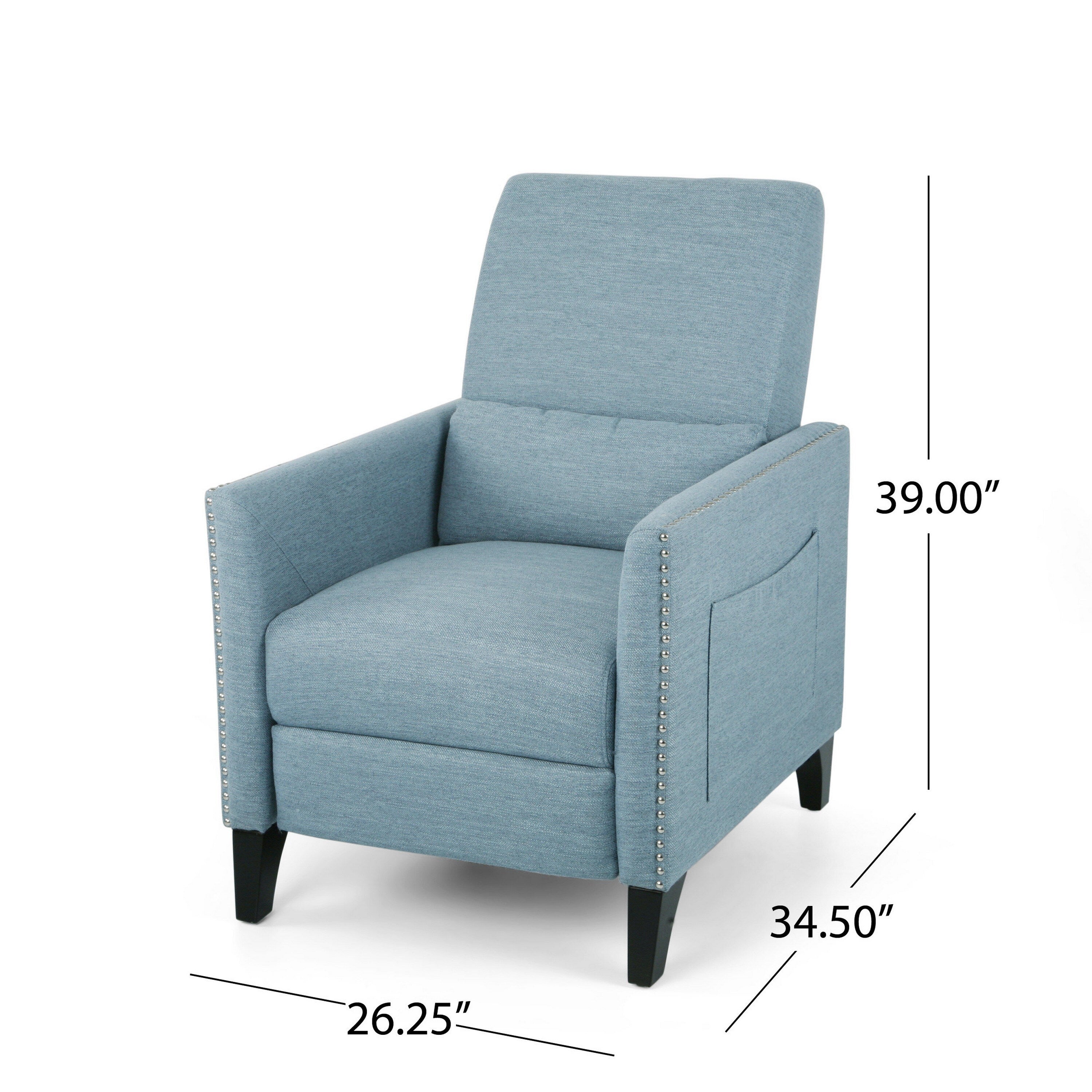 Fauteuil inclinable Davy Pushback, garniture cloutée, bois de bouleau, tissu bleu